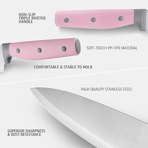 6-Piece Stainless Steel Knife Set with Universal Block, Pink Handle Rivets