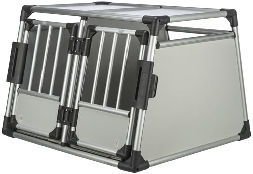 TRIXIE Doppel-Transportbox Aluminium – Hundebox für zwei Hunde bis zu 50 kg, 93 × 64 × 83 cm, mit herausnehmbarer Trennwand, Sicherheitsverschluss vorne & rutschfester Liegematte – 39345