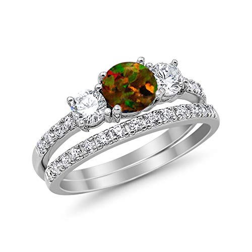 Lab Created Black Opal Size-12 3-Stone Wedding Bridal Set Ring Round Simulated Cubic Zirconia 925 Sterling Silver