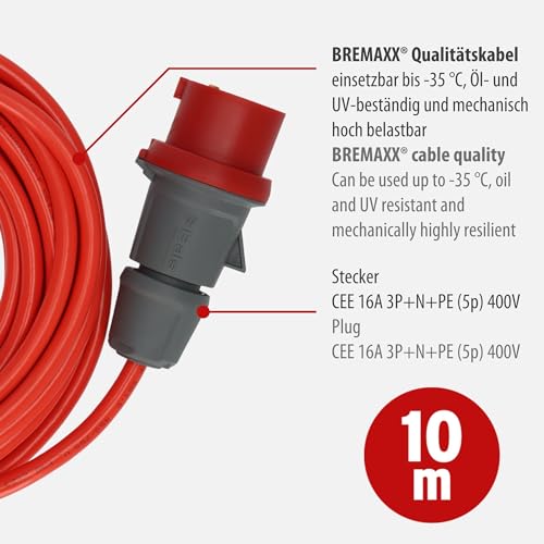 Brennenstuhl BREMAXX CEE Verlängerungskabel IP44 (10m Kabel, AT-N07V3V3-F 5G1,5, mit CEE Stecker und Kupplung, für außen, einsetzbar bis -35°C, Made in Germany) rot
