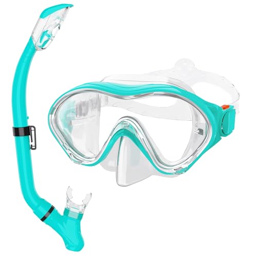 Snorkeling Gear for Kids with Foldable Silicone Full Dry Snorkel, Kids Snorkel Set Anti Leak Youth Junior Snorkeling Package Diving Mask Soft Tube with Mesh Bag Swimming Goggles, Water Green