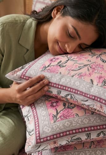 Image of Naksh Queen Size Bed Sheet Pink Floral Print 2 Pillow Covers | Pink Botanical Floral Print | Heritage Design for Queen Size Bedrooms