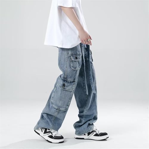 Men's Loose Fit Cargo Jeans Streetwear Hip Hop Cargo Pants with Multiple Pockets Straight Wide Leg Denim Pants3