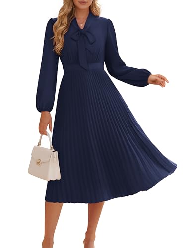 Image of GRACE KARIN Womens 2025 Fall Long Sleeve Dress, Casual V Neck Pleated A Line Flowy Midi Dresses