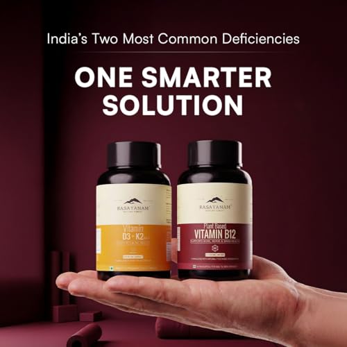 Image of Rasayanam Vitamin D3 + K2 & Vitamin B12 Combo for Daily Deficiency Support | For Energy, Nerve, Bone & Heart Health | 100% RDA, Lab-Tested & Vegetarian | D3+K2 (120 Tablets) + B12 (60 Capsules)