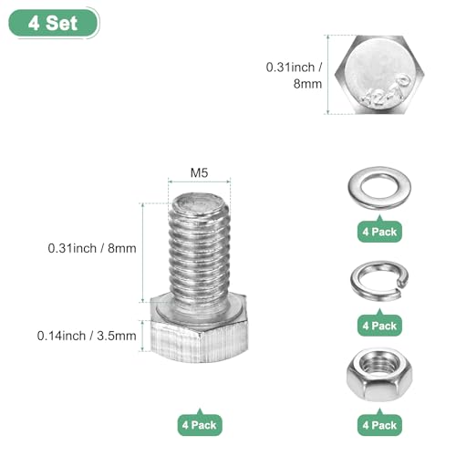 Image of M METERXITY 4-Pack Hex Head Screw Bolt with Nuts Flat & Lock Washers M5x8mm Stainless Steel Bolts and Nuts Kit Fully Threaded Metric Bolt Assortment for Equipment /Machinery