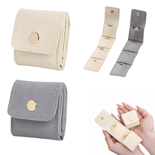 Pochette à Bijoux Mini - Pochette de Voyage Portable Pliable et Sécurisée Anti-perte, Idéale pour Boucles d'Oreilles, Bagues, Colliers, Parfaite pour Voyages, Anniversaire, Cadeaux (Beige + Gris)