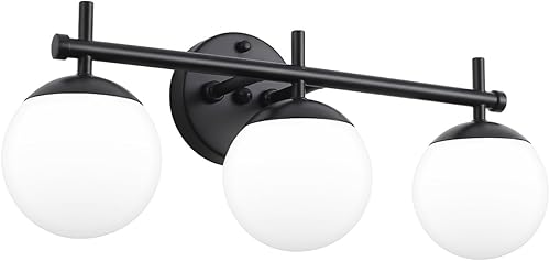 Miniatura 4 de Lámparas de baño negras, 3 luces de tocador de baño con pantalla de vidrio blanco leche, negro mate, luz moderna de globo sobre espejo, lámparas de