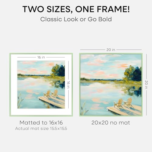 Image of Homeforia 20x20 Picture Frame Sage Green, High End Metal 20 x 20 Square Poster Frames with Mat 16 x 16 Photo, 20x20 Frame Matted to 16x16 Art, 20by20 Hanging Frames, Tempered Glass, Wall Kit, Set of 2