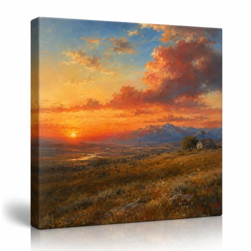 Canvas Wall Art for Living Room, Black Framed Canvas Print, Americana Farmhouse Triptych, Vintage Sunset Panorama Oil Painting 3 Piece Set, 3-Piece Panoramic Set, 8x12 Inch, Ready to Hang Right Panel Decor Gift