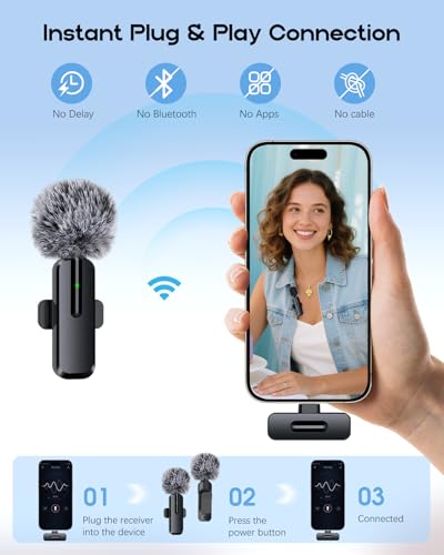 Image of Wireless Mini Microphone for iPhone, Android - 2 Pack Lavalier Microphone for Video Recording, 2 In 1 Noise Reduction Lapel Mic for Ipad, Clip-on Mini Mic with USB-C for Content Creators Podcast