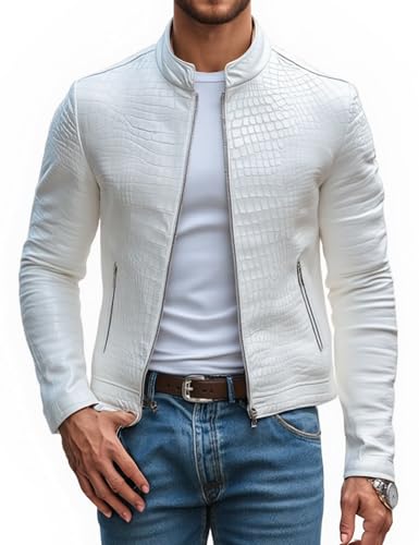 Men's Stone Pattern Leather Jacket,Slim Fit Fashion Moto Coat with Stand Collar,Zipper, Stylish,Semi-Formal2