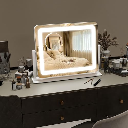 Image of ROLOVE Vanity Mirror with Lights 15 inchx12 inch, Lighted Makeup Mirror with 10X Magnification, 3 Color Lighting & Dimmable Brightness, Light Up Mirror for Desk, Bedroom, Bathroom