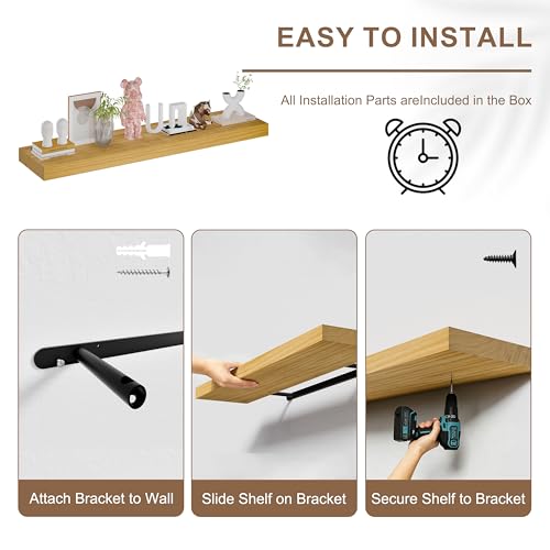 Image of 60 Inch Extra Long Floating Shelves, Set of 2 Deep Floating Shelves 12in Depth, Floating Shelves Long Heavy Duty Wood Shelves for Wall, Solid Wood Sleek Light Brown