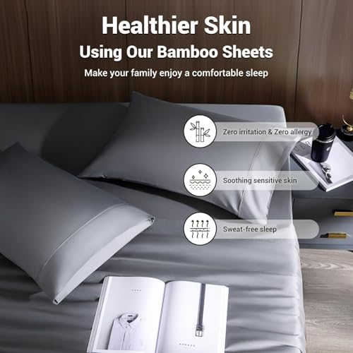 Image of Shilucheng Queen Sheet Sets, Blend Rayon Derived from Bamboo, Breathable & Cooling Bed Sheets 4 Piece, Deep Pocket Up to 16 inch, Hotel Silky Bedding for Hot Sleepers, Dark Grey