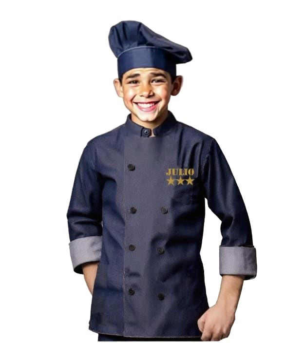 Chaqueta cocinero niño personalizada con nombre | Tejido tejano oscuro | Regalo original | Lavable a máquina (solo gorro, talla 10)