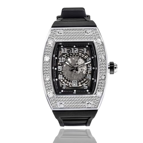 ICEDIAMOND Bling CZ Diamant Skelett Fass Zifferblatt Quarzuhr, Iced Out Tageskalender Hip Hop Modeuhr für Männer