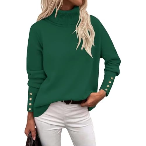 Rapbin Turtleneck Sweaters for Women 2026 Fall Winter Long Sleeve Knit Pullover High Low Hem Sweater with Metal Buttons Green Small