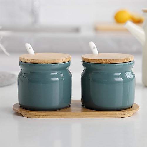 Ceramic Sugar Bowl, Porcelain Sugar Pot with lid and Spoon, 300ml/10.56oz Seasoning Storage Jar Salt Pot Salt Container for Coffee Bar, Home Kitchen(Dark Green) - Image 3
