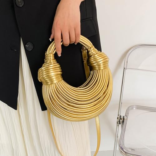 Gold Purse for Women, Woven Knotted Bread Crossbody Clutch Top Handle Creative Noodles Bag Underarm Shoulder Handbag4