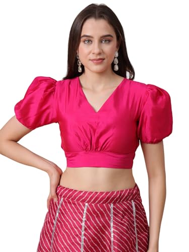 Image of Frolic Rolic Premium Silk V-Neck Blouse Readymade Saree Blouse - Designer Puff Sleeve Blouse for Wedding