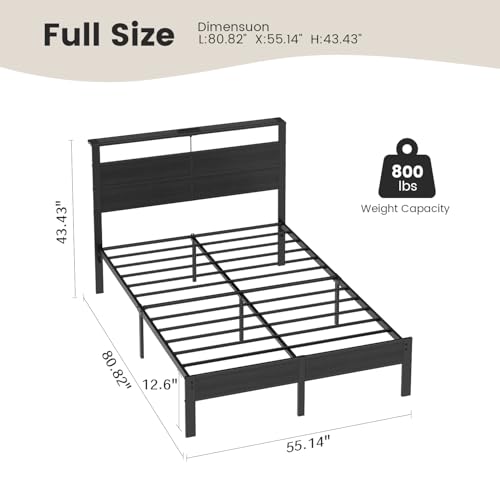 Image of Full Size Metal Bed Frame with Storage Headboard, LED Lights | USB Charging Station, Metal Platform Bed with Sturdy Slats,Noise Free,No Box Spring Needed, Easy Assembly