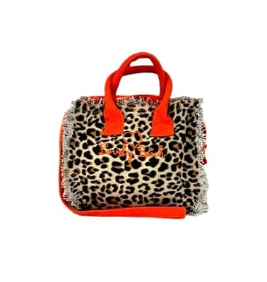 Borsetta Mini New Leopard Maculato con Zip e Tracolla 100% Cotone 20x16x8cm Borsa Spiaggia (Sabbia)