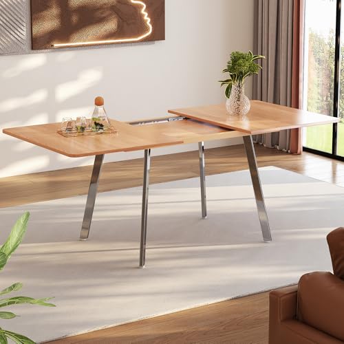 DRIXNO Moderner Minimalistischer Ausziehbare Esstisch in Eleganter Naturfarbe und Silber Verschromt Beine– 140cm x 80cm ausziehar bis 180cm, Hochfeste Legierungsstütze, Geeignet für 4-6 Personen