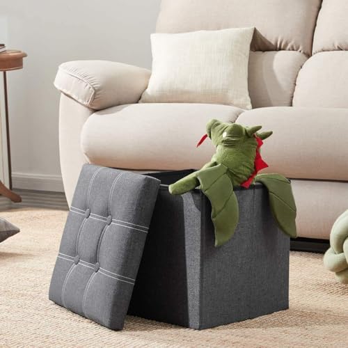 Image of 15 Inches Ottoman Storage Bench. Folding Chest with Breathable Linen-Look Fabric, Load up to 330 lb, for Entryway, Living Room, Bedroom, Dark Gray