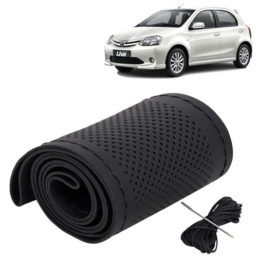 Image of KINGSWAY PU Leatherite Car Steering Cover Sewable Compatible with Toyota Etios Liva (Year 2010 Onwards), Black Color with Black Thread, Pack of 1 with Sewing Needle and Thread