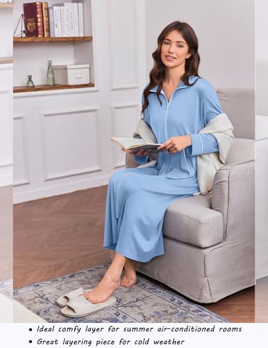Image of Ekouaer Zipper Robes for Women Long Sleeve Lightweight House Coats with Pockets Zip Up Bathrobe Loungewear S-3XL