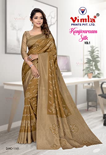 Image of Vimla Women's Kanjivaram Silk Uniform Saree and Unstitched Blouse Piece | Office School Uniform Saree For Women | Sari for Women