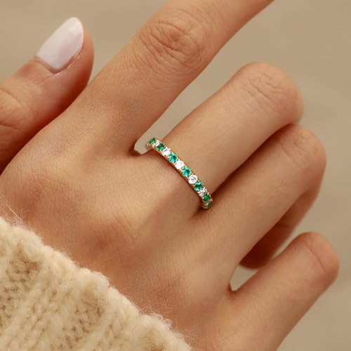 14K Gold Plated/ 925 Sterling Silver Created Emerald/Ruby/Sapphire Stackable Rings for Women 2.4mm Wedding Eternity Band Rings (with Gift Box)2