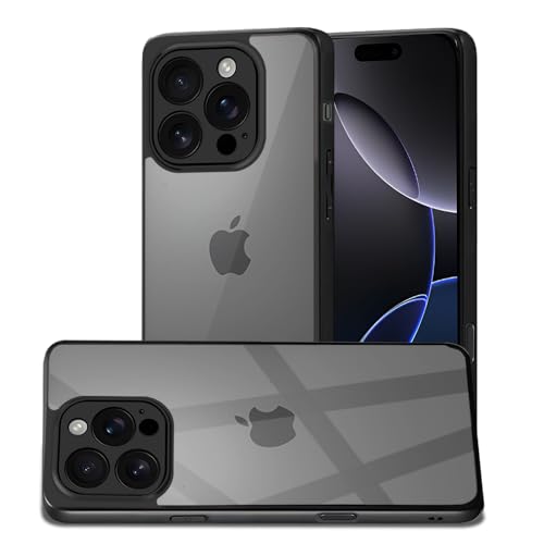 Image of AESTMO iPhone 16 Pro Back Cover | 360 Protection | Crystal Clear Hard Back Transparent | Bumper Case for iPhone 16 Pro (PC+TPU, Black Bumper)