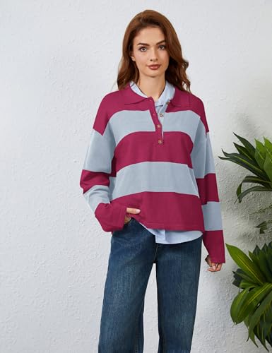 Image of Womens Striped Sweater Rugby Polo Shirts Y2k Collar Pullover Tops | Rugby Shirt,Long Sleeve Knit Top,Lapel V Neck Jumper,Oversized,Casual Outings Streetwear,Preppy Sweater,Fall Winter Clothes