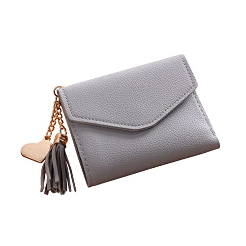 BESTYASH Women Mini Trifold Wallet with Tassel Pendant Light Grey Pu Leather Multi-card Purse for Cash and Cards for Everyday Use and Gifting