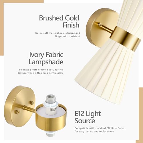 Image of Gold Wall Sconces Set of 2, Ivory Pleated Fabric Shade | Hardwired, Wall Light Fixtures, Up Down Wall Mount for Living Room Bedside