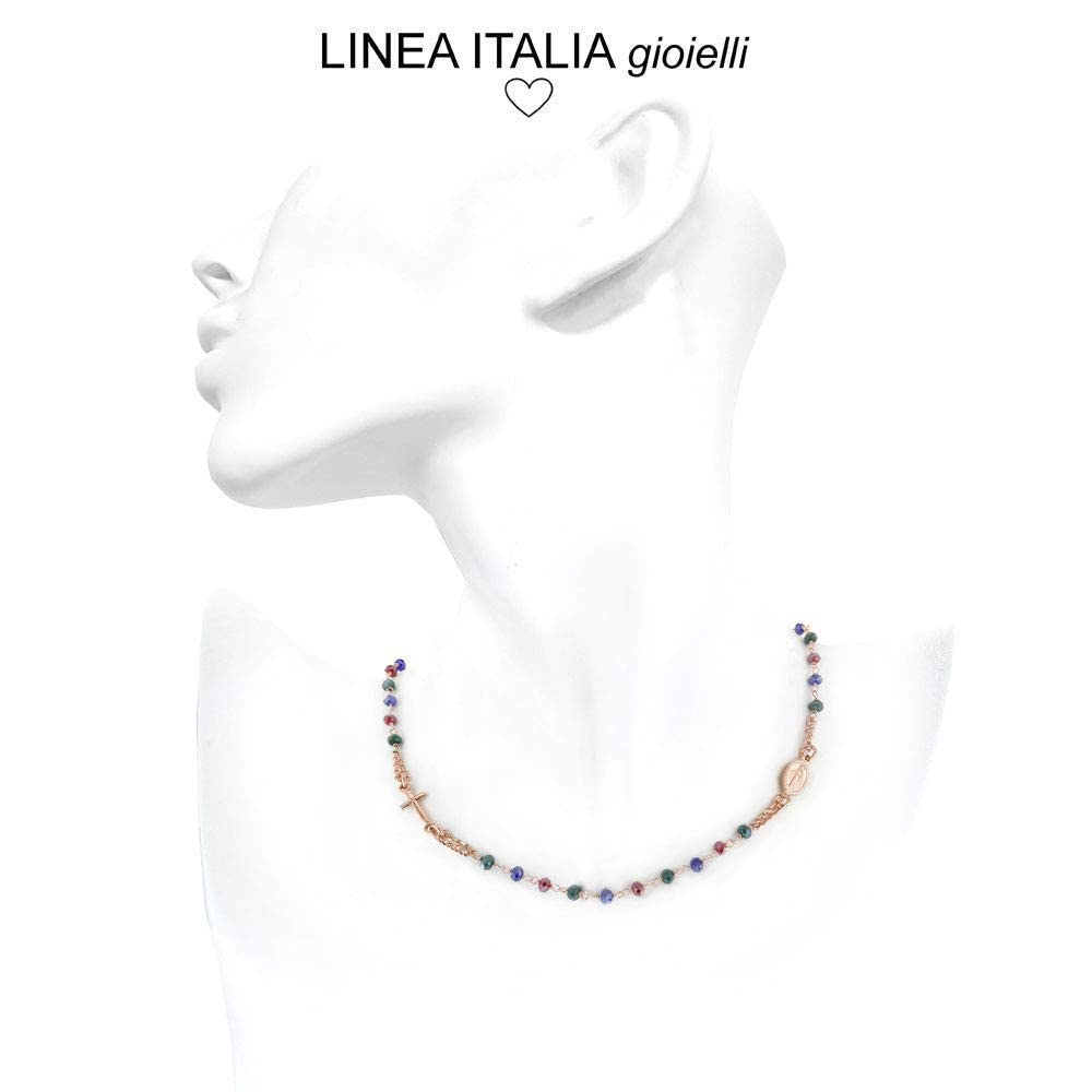 Linea Italia Gioielli - Collar Rosario para Mujer en Plata 925 Rosa con Cruz, Medalla Virgen y Piedras Multicolores - Joya Certificada Made in Italy