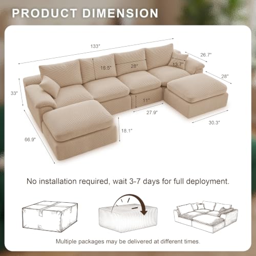 Image of 133 inch Cloud Sectional Couch, Boneless Couches for Living Room, Camel