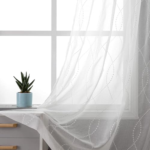 VISIONTEX White Sheer Curtains Dots Moroccan Embroidered 108 Inches Long
