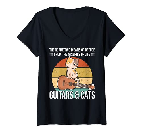 Womens Witty Guitar Player Saying Cat Owner Guitarist I Life V-Neck T-Shirt, Black