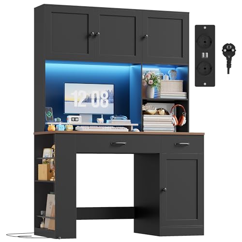 FirFurd 180cm Escritorio, Mesa Escritorio con 2 Cajones y 4 Puertas, Mesa Ordenador con Luz LED y Regleta, Escritorio de Ordenador para Estudio, Dormitorio, Oficina, Negro 180x120x50cm
