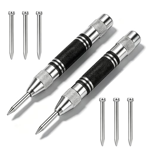 GIONAR 2 Pack Center Punch Automatic Centre Punch with 6 Replacement Tips Spring Loaded Centre Punch High-Speed Steel Material for Glass Wood Thin Steel Sheets