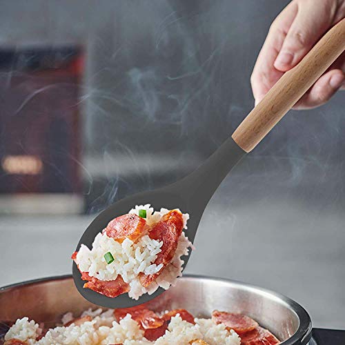 Image of Non-Stick Silicone Cooking Utensils Set with Natural Acacia Hard Wood Handle, High Heat Resistant Grey Pack of 5