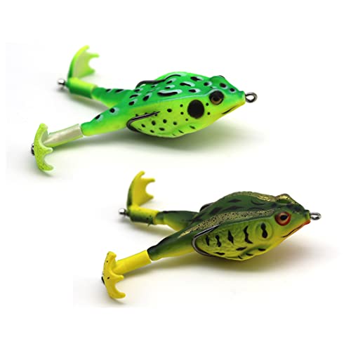 Leurres Grenouille,2 Pièces Grenouille Peche,Leurres de Pêche,9cm Double Hélices Grenouille,360°Queue rotative Artificielle Souple Leurre avec Crochet pour La pêche en Plein