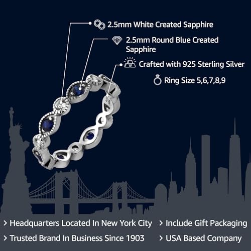 Gem Stone King Wedding Stackable Eternity Band Ring For Women | White and Blue Created Sapphire Ring | 925 Sterling Silver | 0.70 Cttw | Available In Size 5, 6, 7, 8, 92