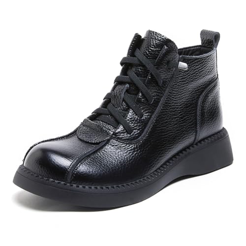 Women's Vintage Leather Lace Up Flat Ankle Booties with Side Zipper,Fashionable Round Toe Non-slip Wear-Resistant Combat Boots Casual Soft Sole Ankle Boots.
