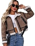 Aibeautyer Winter Women Faux Lamb Fur Leather Jacket Warm Fur Lined Zipper Cropped Bomber Aviator Coat (US, Alpha, Medium, Regular, Regular, Khaki)