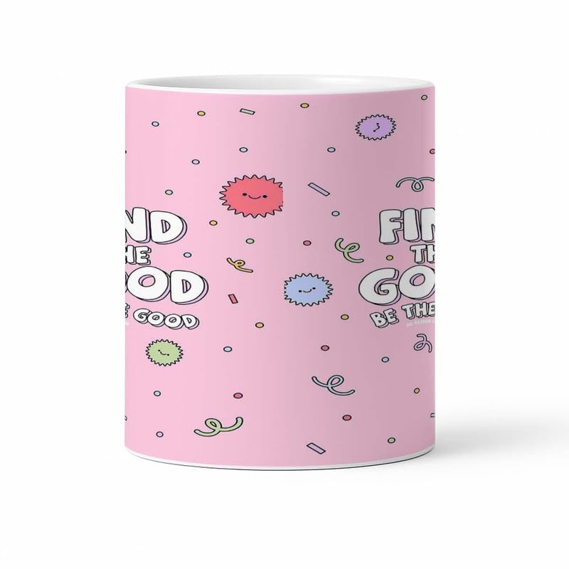 Image of Find The Good, Be The Good Inspirational Mug - Cheerful Pink Ceramic Cup with Positive Message & Cute Characters