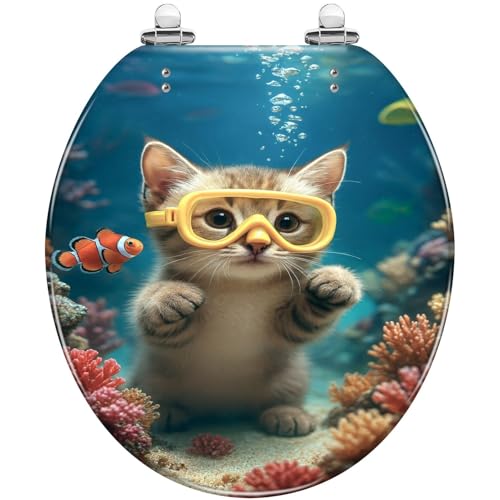 Round Toilet Seat Cat s Underwater Adventure Diving Scene Kitten